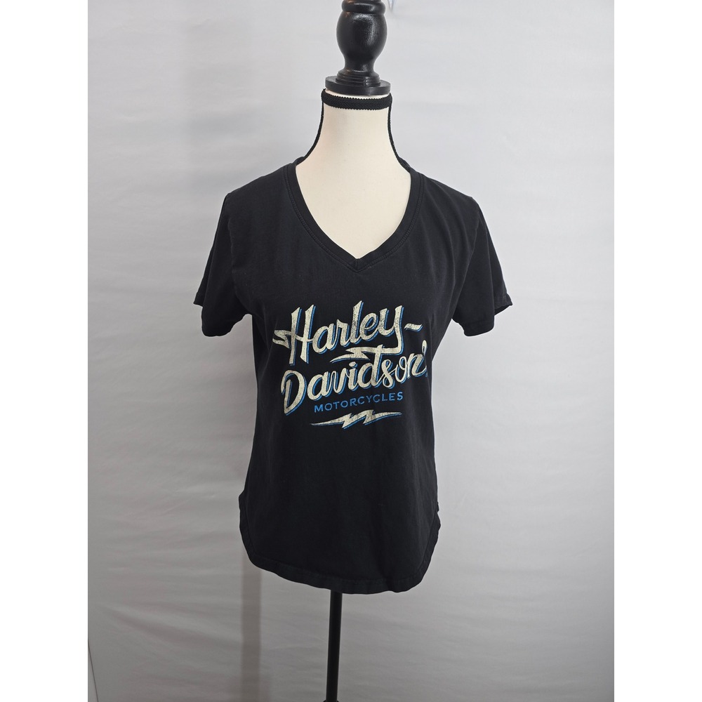 Harley Davidson Womens V-Neck Graphic T-Shirt Black Speedway Concord NC Medium